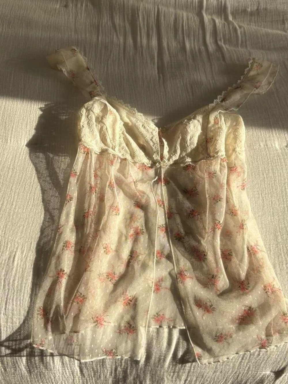 Vintage Y2k Victoria's Secret Cream Lace Babydoll Top with Pink Floral Print